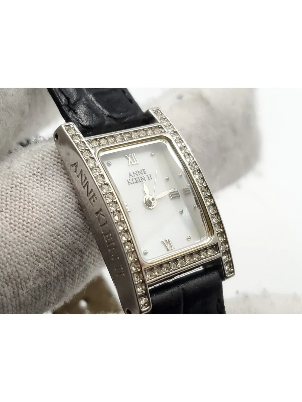 Anne Klein II MOP Dial Rhinestone Bezel Tank Syle Quartz Watch New Battery 16mm
